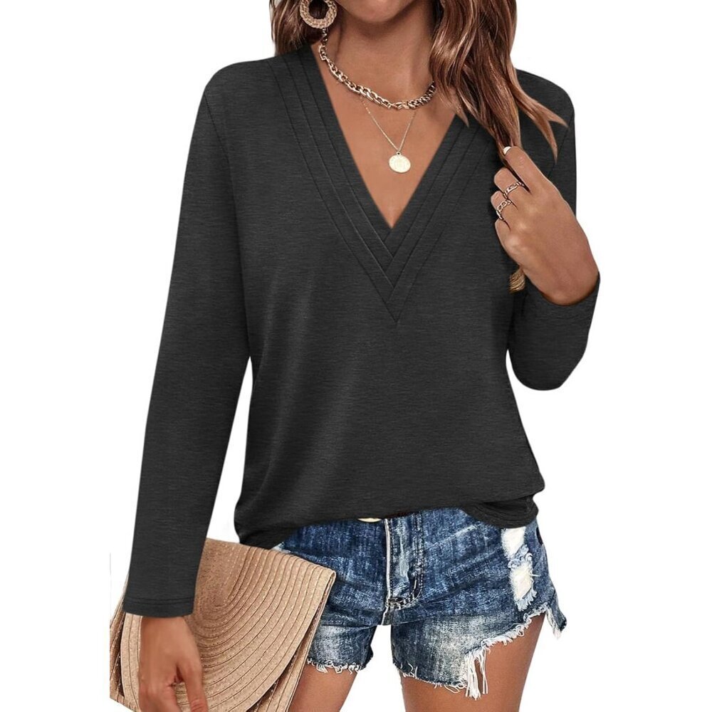 Women’s Deep V Neck Long Sleeve Blouse Fall Casual Dressy Tops Medium